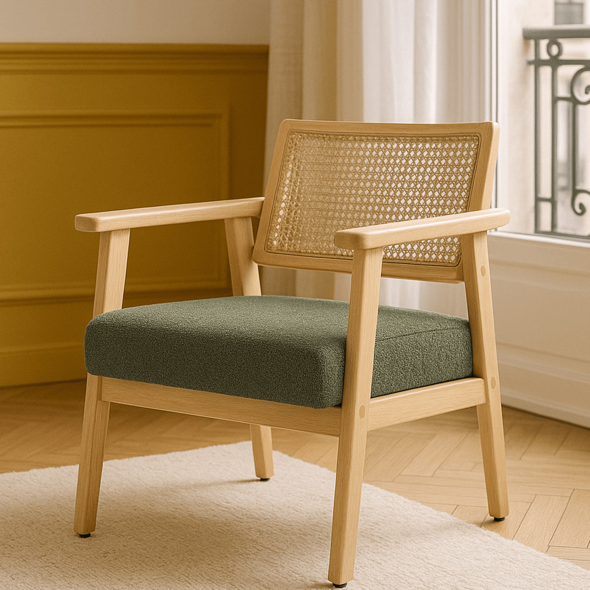 Fauteuil en tissu bouclé et cannage - TIM