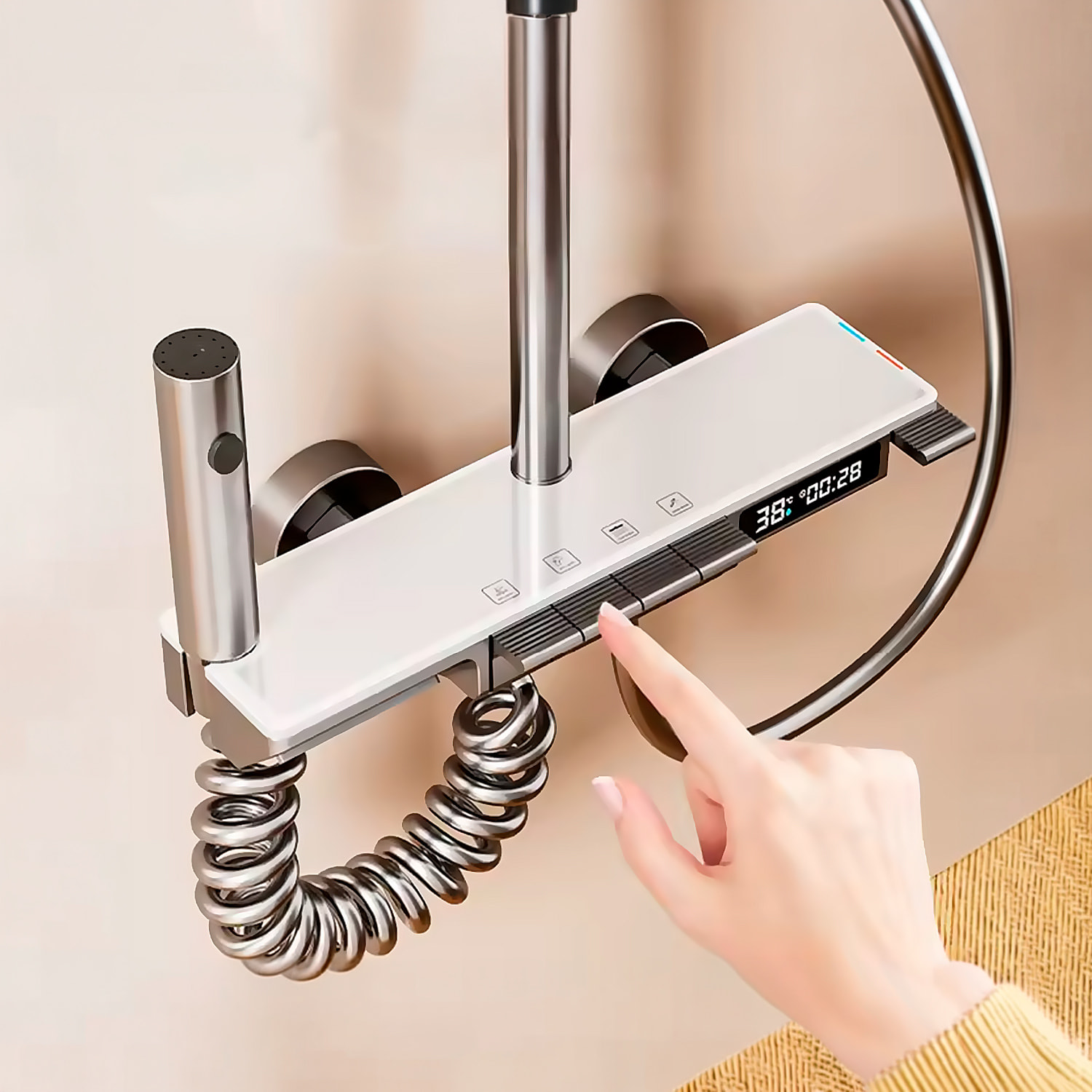 Set di doccia completo Y2 montato a parete. Con display digitale e molteplici modalità d'acqua, con miscelatore, illuminazione ambientale e controllo preciso.