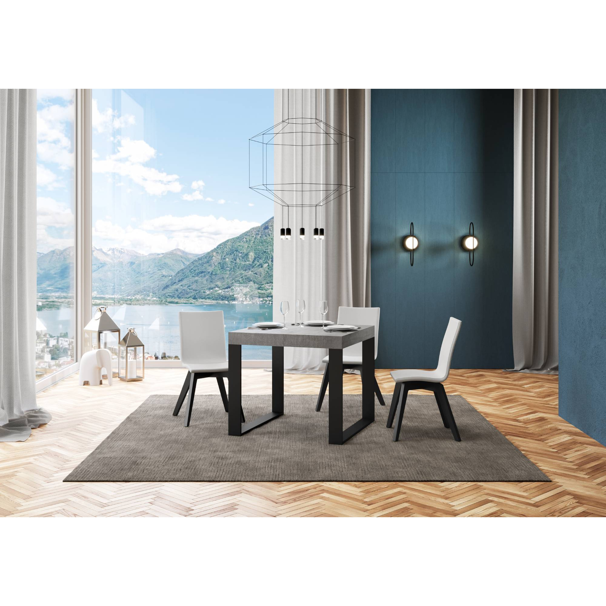 Table extensible 90x90/246 cm Tecno Premium Gris Béton cadre Anthracite