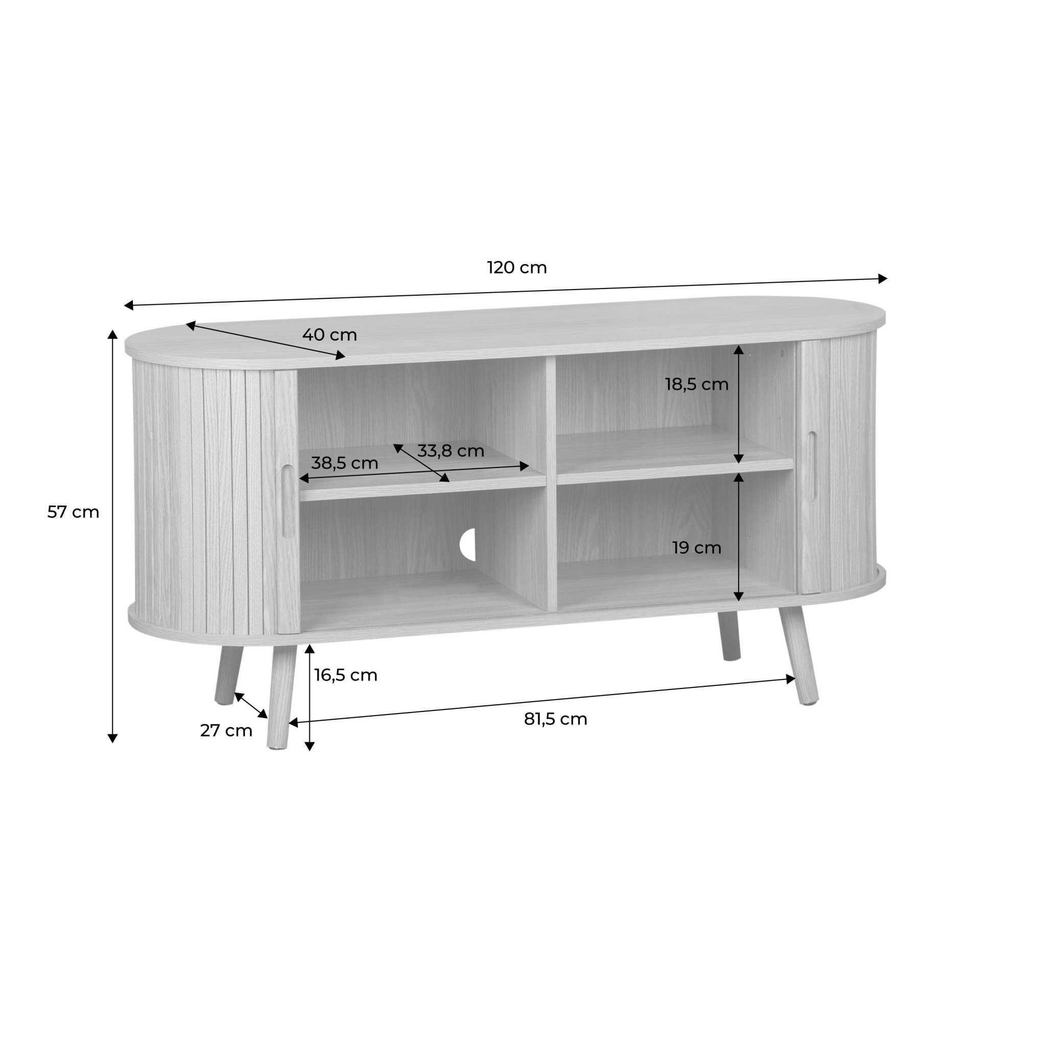 Meuble TV scandinave 2 portes coulissantes. 4 compartiments. effet bois rainuré naturel. L120 x 40 x 57 cm