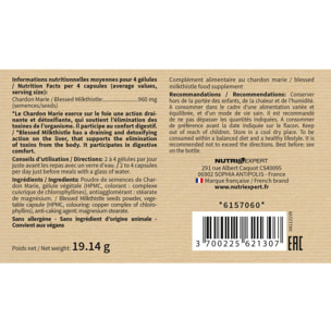 NUTRIEXPERT – Chardon Marie – Detox du Foie– Soutient le bon fonctionnement hépatique et du foie – Favorise le drainage - 100% extraits Chardon Marie naturel – Convient aux végans - 60 Gélules