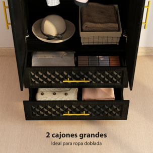 Armario Dormitorio 2 Puertas y 2 Cajones, Armario Ropero con Espejo, Relieve de Diamante, Barra para Colgar, Estilo Moderno, 80x50x180 cm, Negro