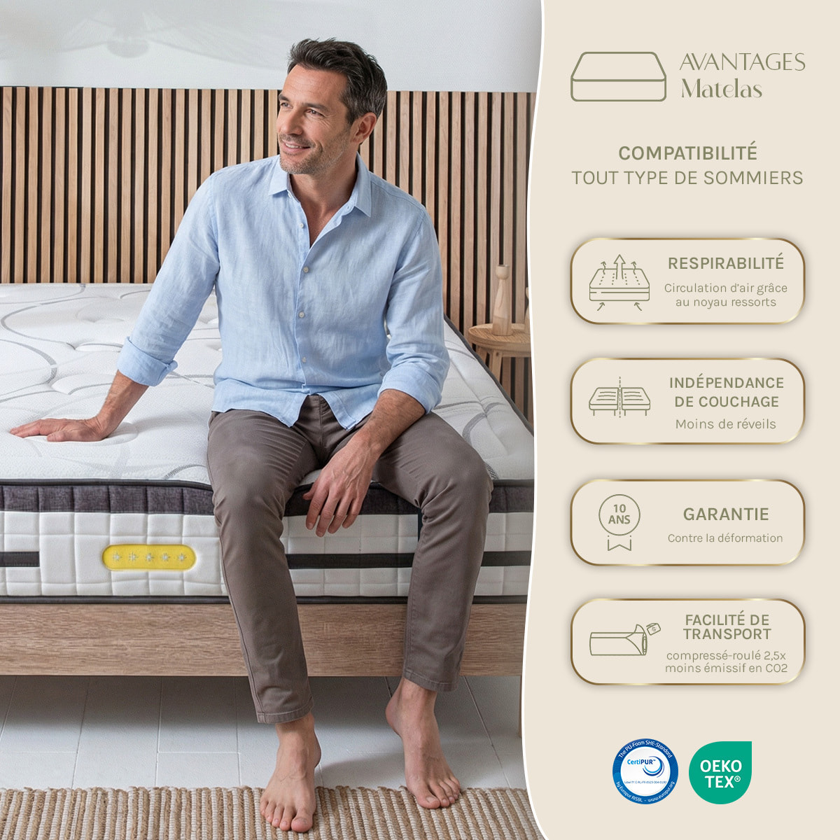 Ensemble Matelas Hybride Concorde & Sommier Bois, Ressorts Ensachés & Mémoire de Forme, 26 cm, Technologie Tri-lattes, Soutien Ferme