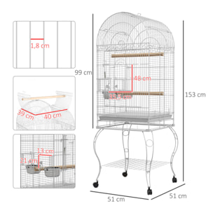 Cage à oiseaux volière sur roulettes - étagère, grille, plateau amovible, 2 bols acier inox, perchoir - acier blanc