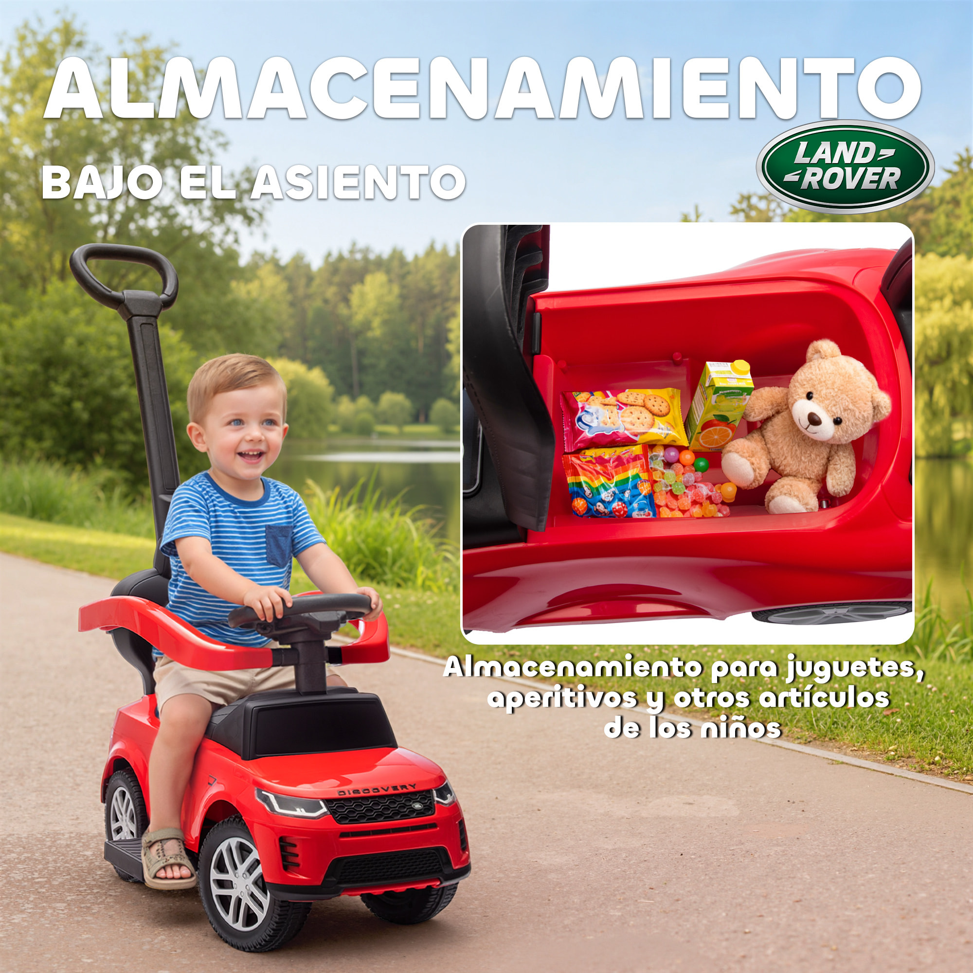 Coche Correpasillos 2 en 1 para Niños de 18-36 Meses LAND ROVER DISCOVERY, Correpasillos con Espacio de Almacenaje, Bocina, Volante, Mango de Empuje y Barandilla Extraíbles, Rojo