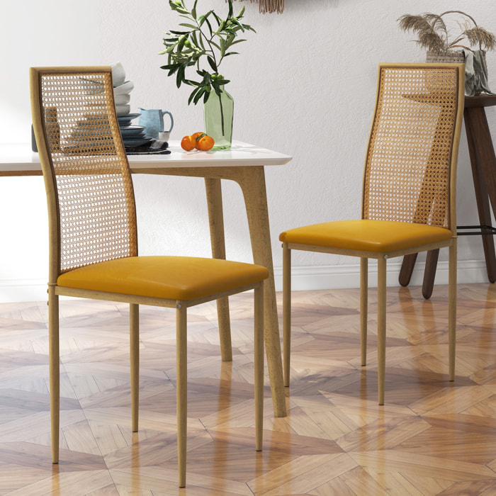 Juego de 2 Sillas de Comedor Sillas de Cocina Modernos con Respaldo de Ratán PE Asiento Tapizado de Cuero PU y Patas de Acero 40x50x97 cm Ocre