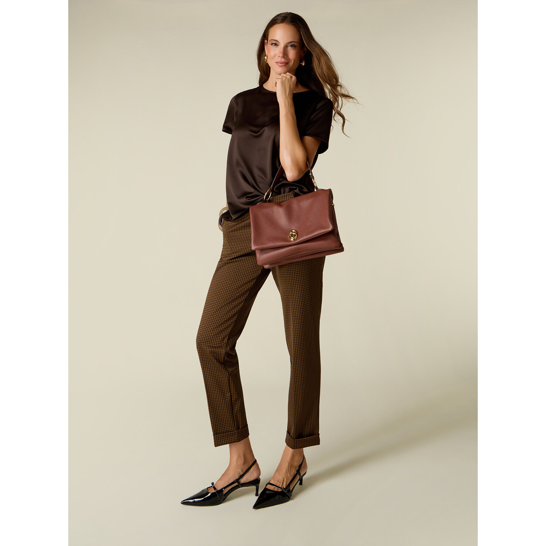 Oltre - Pantaloni in punto milano pied de poule - Marrone