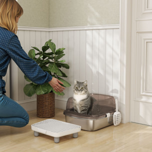 Arenero para Gatos Cubierto Extragrande Caja de Arena Cerrado con Bandeja de Acero Inoxidable Bordes Altos Pala Peldaño Zona para Caída de Arena sin Olor Fácil Limpieza para Gatos Grandes Gris