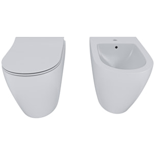 Coppia Sanitari Filomuro Filo Muro Filo Parete Vaso WC E Bidet Design Moderno In Ceramica Con Copriwater Chiusura Soft Close Rallentata Bianco Opaco