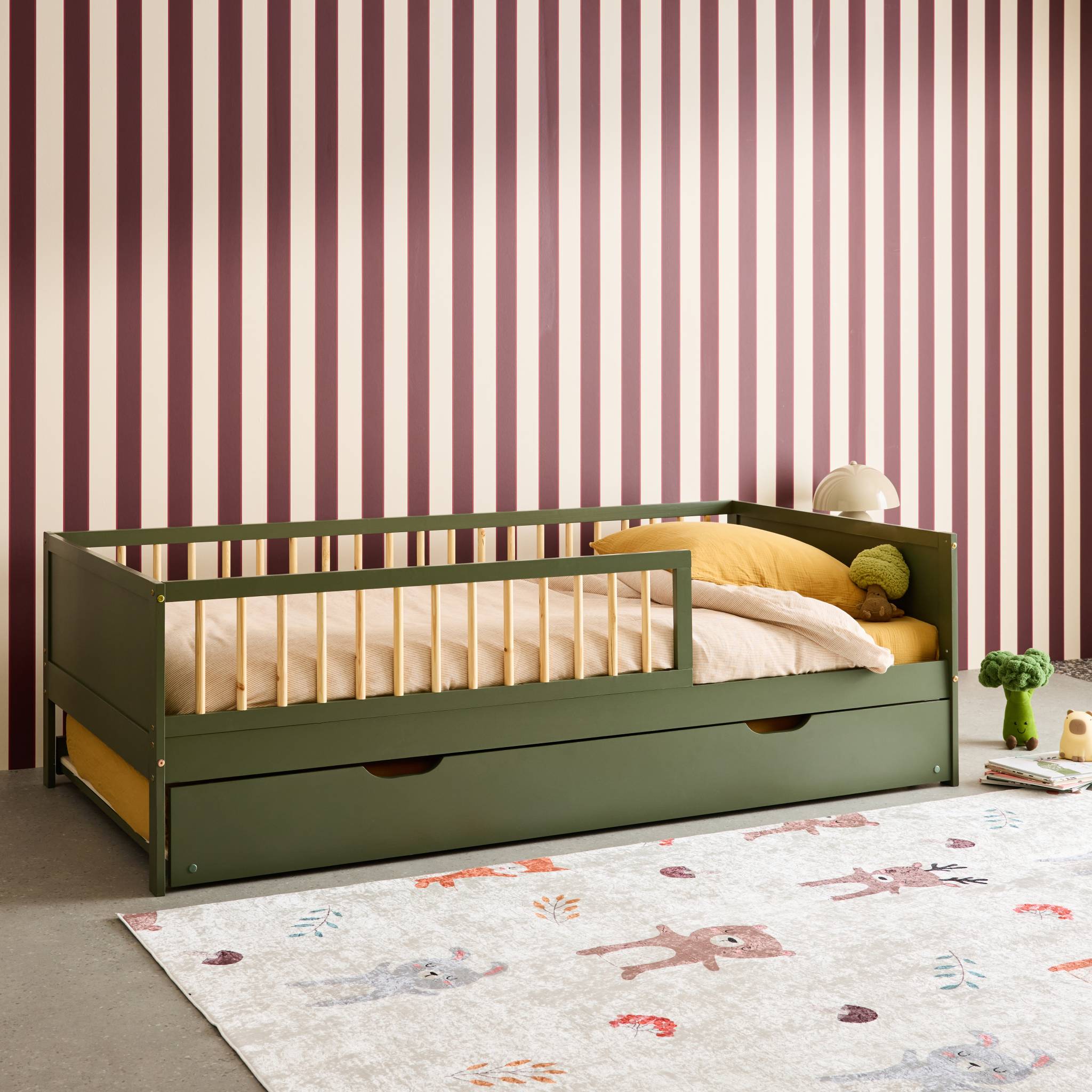 Lit gigogne enfant 90 x 190 cm pin naturel  avec sommier à lattes et tiroir ELIO