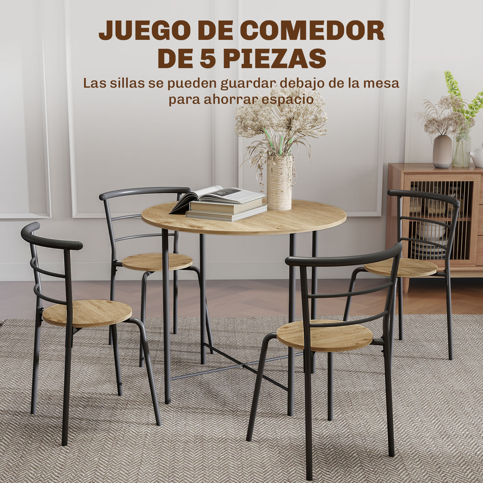 Juego de Mesa y Sillas de Comedor, Mesa de Cocina Redonda con 4 Sillas, Estilo Industrial, Marco Metálico, para Espacios Pequeños, Salón, Natural