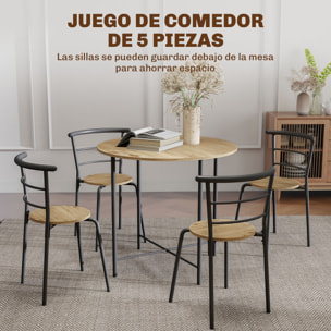 Juego de Mesa y Sillas de Comedor, Mesa de Cocina Redonda con 4 Sillas, Estilo Industrial, Marco Metálico, para Espacios Pequeños, Salón, Natural