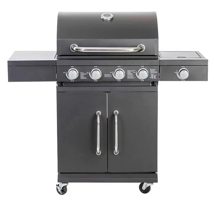 Barbecue a gas con 4+1 bruciatori e termometro integrato.