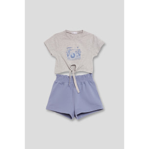 Conjunto niña 2 piezas Camiseta blanca algodón con nudo frontal y estampado cámara + Shorts Azul cintura elástica, bolsillos laterales, transpirable | Color: Azul | Street Monkey