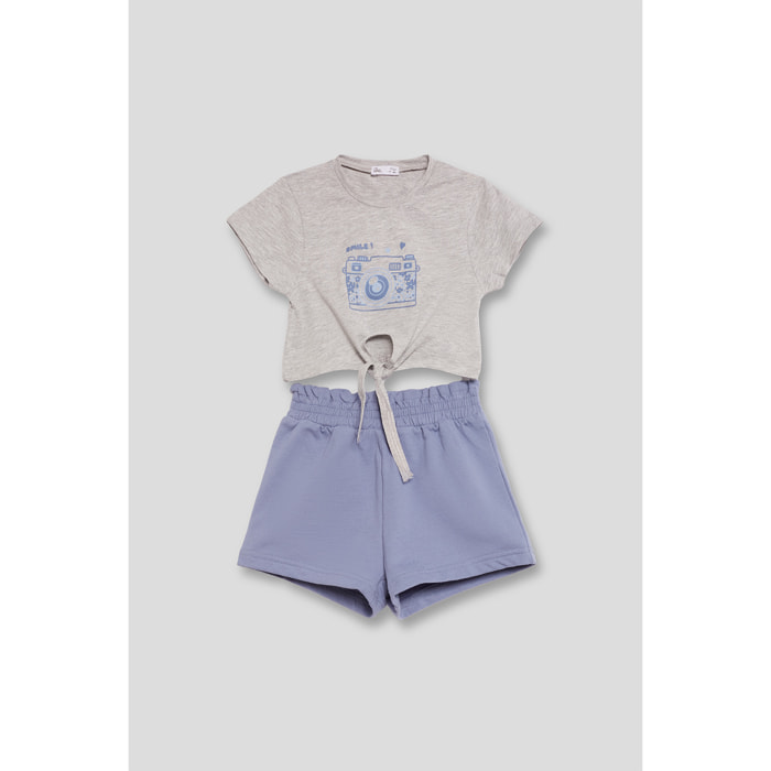 Conjunto niña 2 piezas Camiseta blanca algodón con nudo frontal y estampado cámara + Shorts Azul cintura elástica, bolsillos laterales, transpirable | Color: Azul | Street Monkey