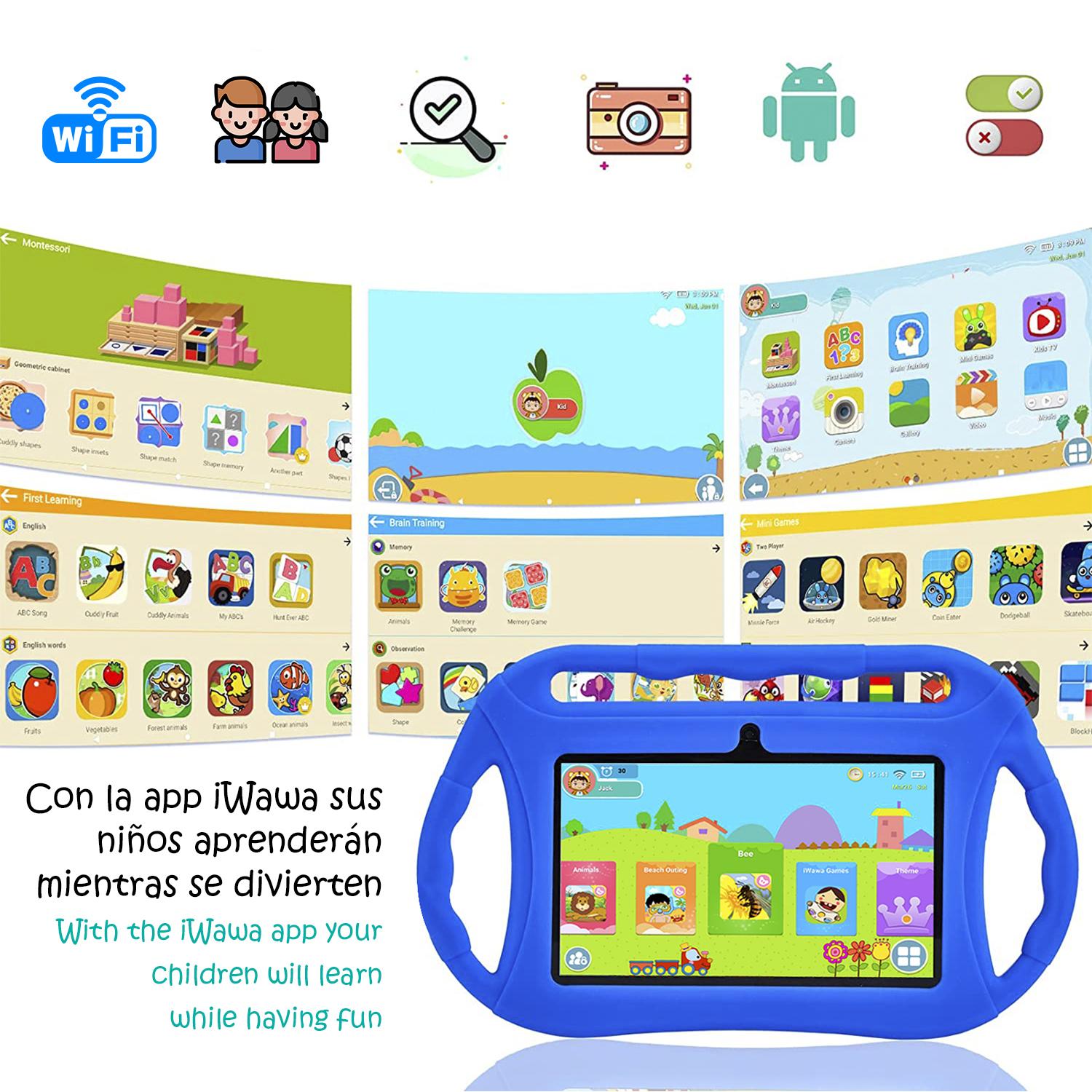 DAM Tablet Infantil Q8 WiFi. SO Android 10 con IWAWA. Pantalla 7'' 1024x600px. Allwinner A100,ARM Cortex™-A53 Quad-Core,1.6Ghz 2GB RAM + 32GB. Doble cámara, carcasa de silicona. 27x2x16 Cm. Color: Azul