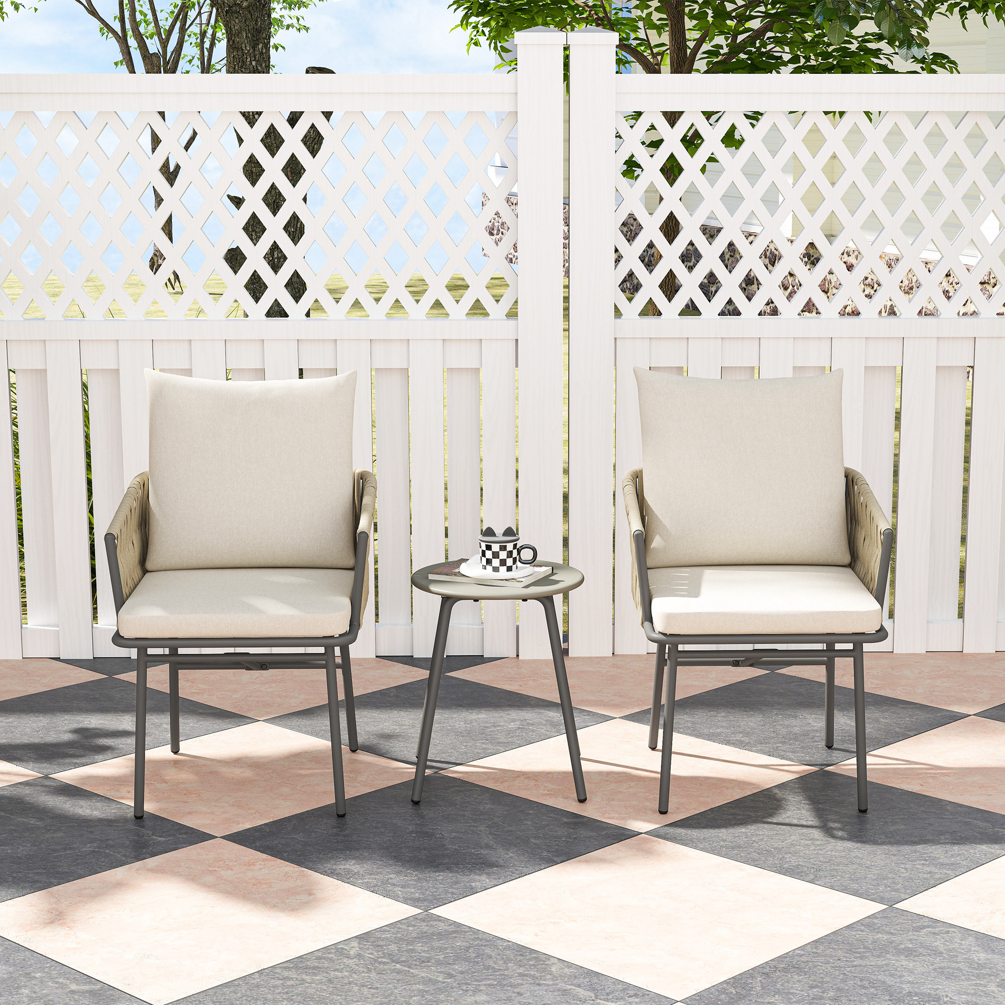 Conjunto de Jardín Exterior de 3 Piezas Muebles de Jardín con 2 Sillas con Cojines Extraíbles Lavables y Mesa Terraza con Tablero de Metal Impermeable Anti-UV para Balcón Patio Gris y Crema