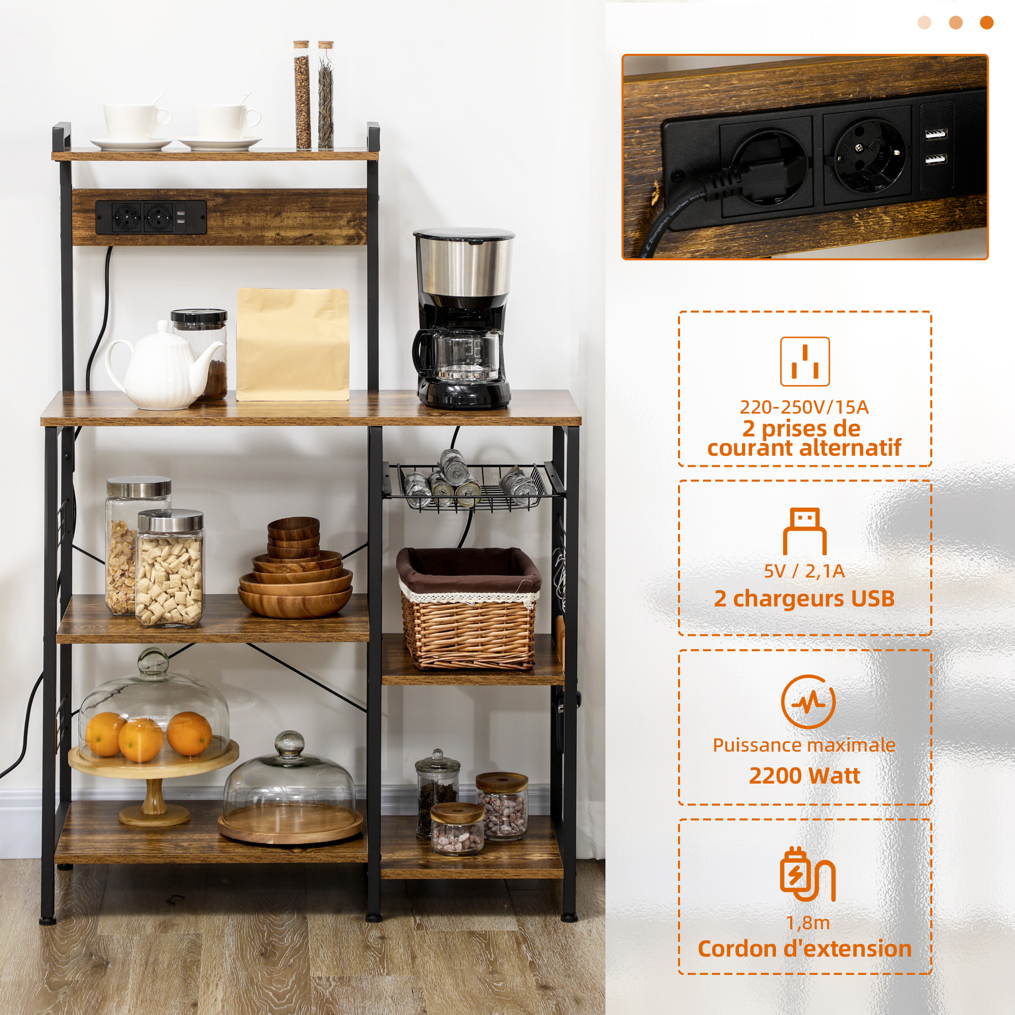 Étagère de cuisine avec multiprise et 2 chargeurs USB - 6 étagères, plateau, 5 crochets - acier noir aspect bois vieilli