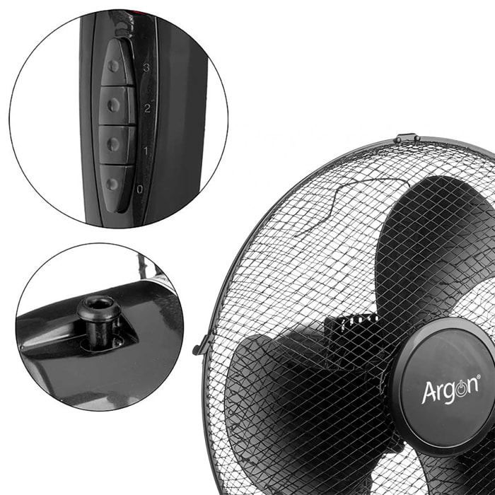 Ventilador de pie negro con 180º de oscilación. 45W de potencia y 3 velocidades.