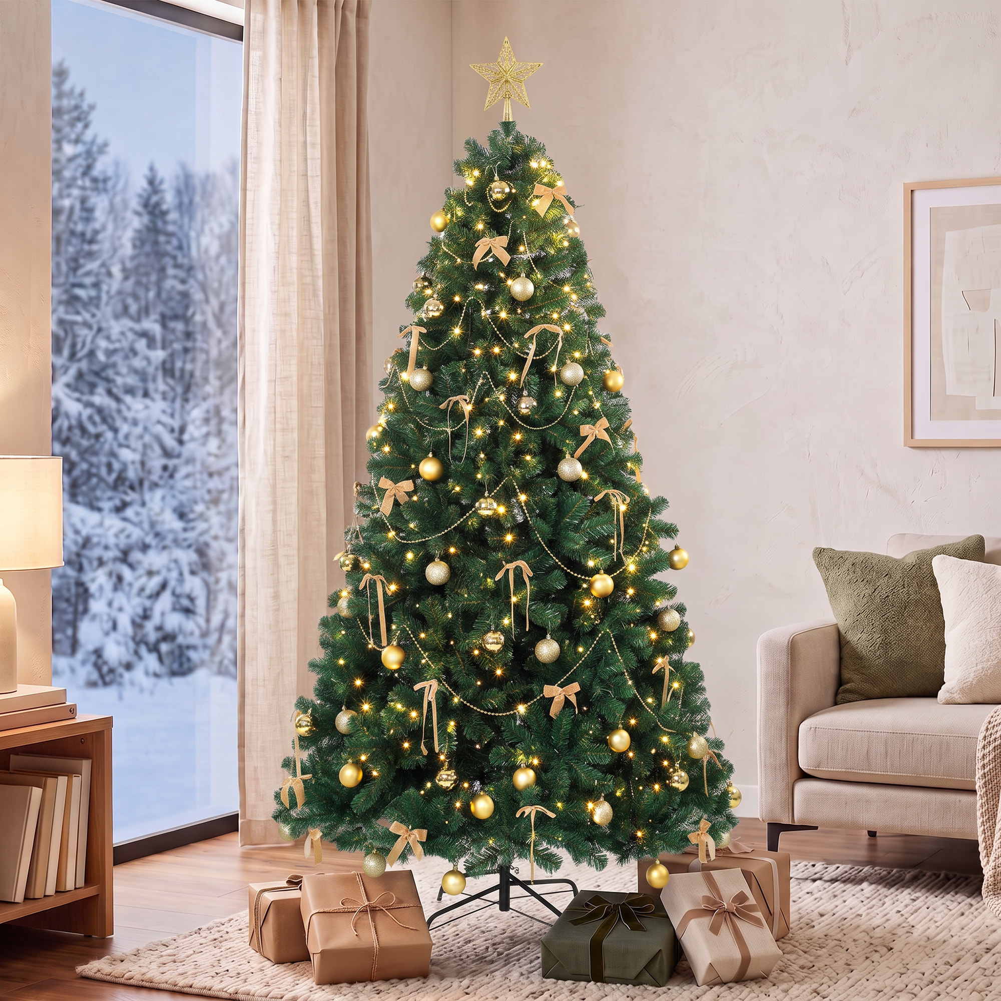 Árbol de Navidad con 240 LED Blanco Cálido, 180 cm, Árbol de Navidad Decorativo, 755 Ramas Ignífugas, Estrella, 30 Bolas, 18 Lazos y Decoración Dorada, Verde
