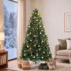 Árbol de Navidad con 240 LED Blanco Cálido, 180 cm, Árbol de Navidad Decorativo, 755 Ramas Ignífugas, Estrella, 30 Bolas, 18 Lazos y Decoración Dorada, Verde