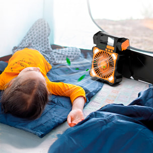 Ventilatore a 5 velocità con pannelli solari doppi, funzione antizanzare, timer, luce LED con 3 intensità, 80lm e power bank da 5200mAh.