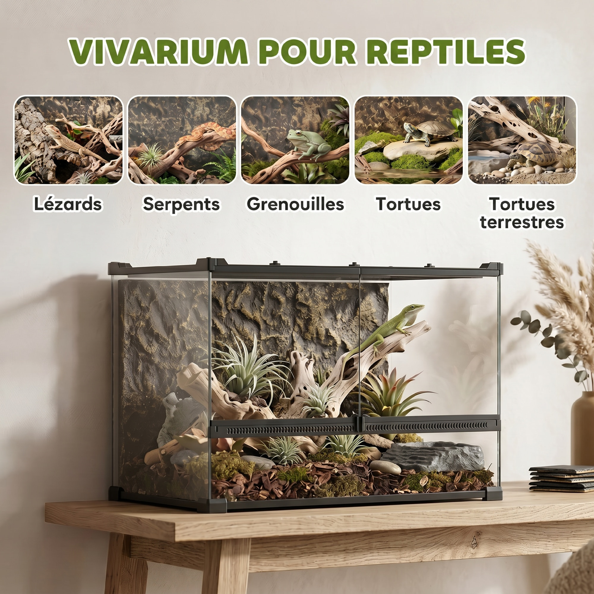 Terrarium verre 48L vivarium boîte à reptiles fermeture sécurisée par rotation noir