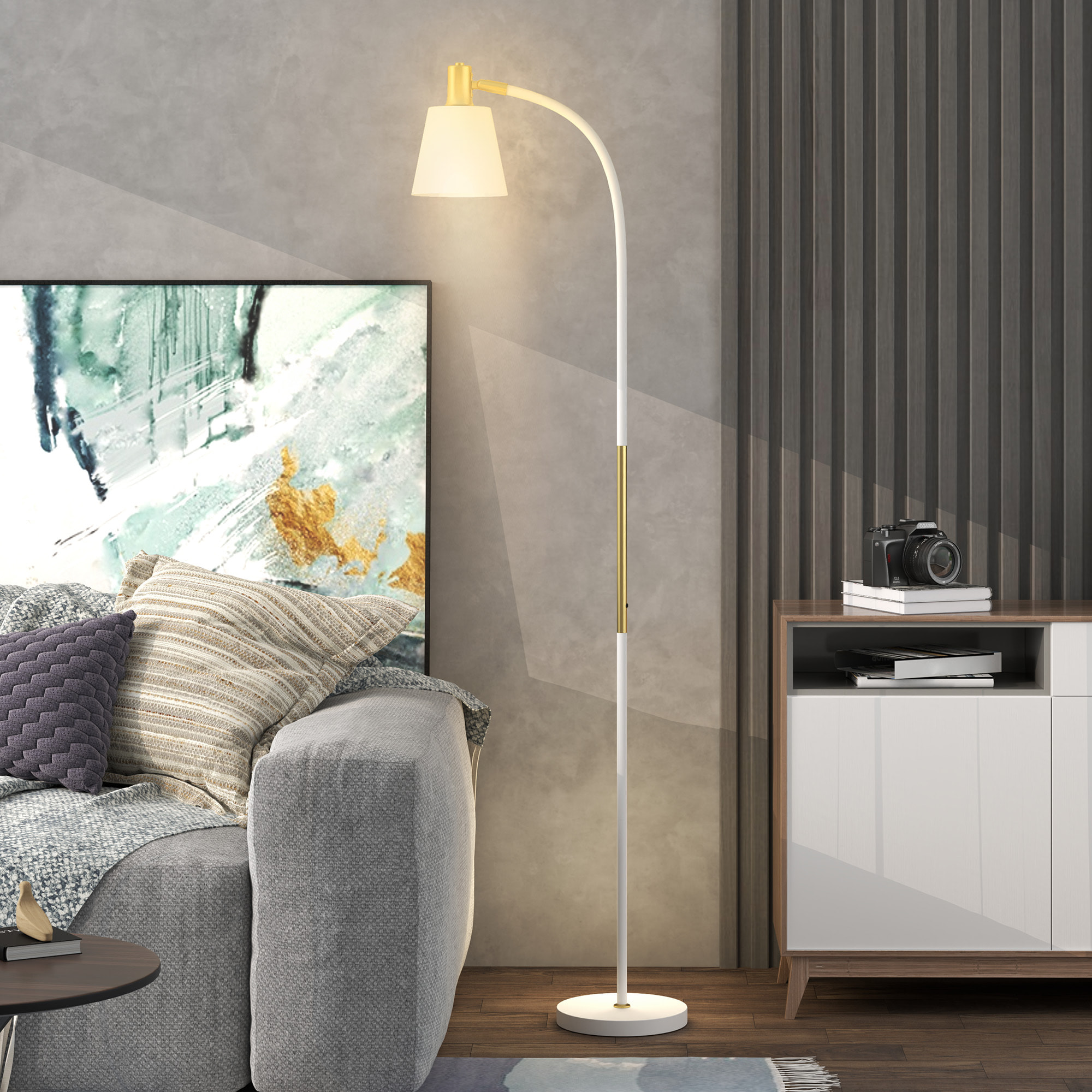 Lámpara de Pie LED Lámpara de Pie Salón con Altura Ajustable Pantalla Interruptor Basculante para Sala de Estar Oficina Dormitorio Blanco y Dorado