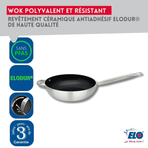 Poêle wok 28 cm avec revêtement céramique sans PFAS et son couvercle Elo