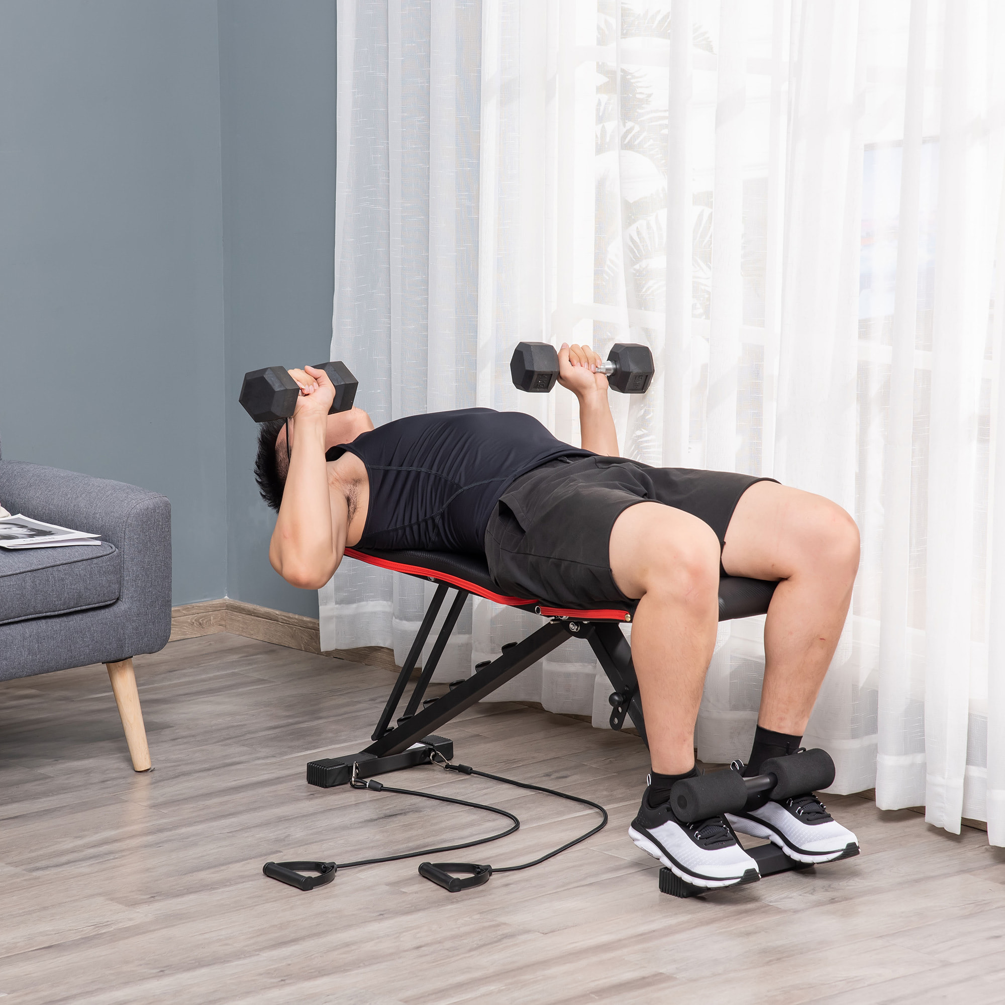 Banco de Musculación Plegable, Banco de Pesas, Respaldo y Asiento Ajustables, Extensión de Pierna, Cojín de Predicador y Banda de Resistencia, para Entrenamiento Completo, Gimnasio en Casa