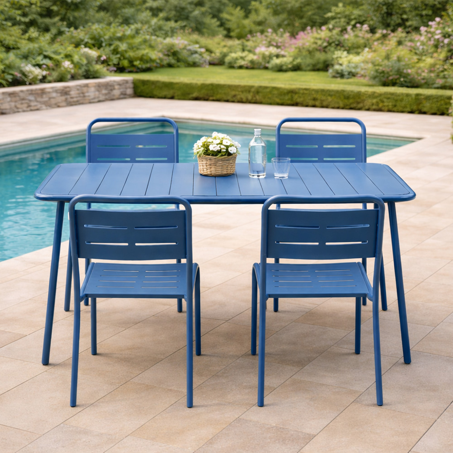 Ensemble table de jardin 120 cm et 4 chaises bleu EVORA