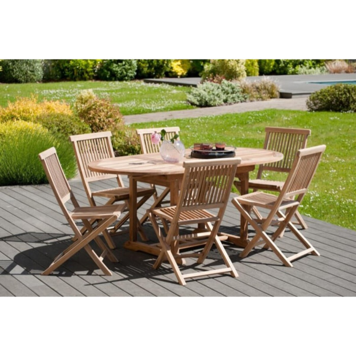 FUN - SALON DE JARDIN EN BOIS TECK 4/6 pers - Ensemble de jardin - 1 Table ovale extensible 120/180*90 cm et 6 chaises