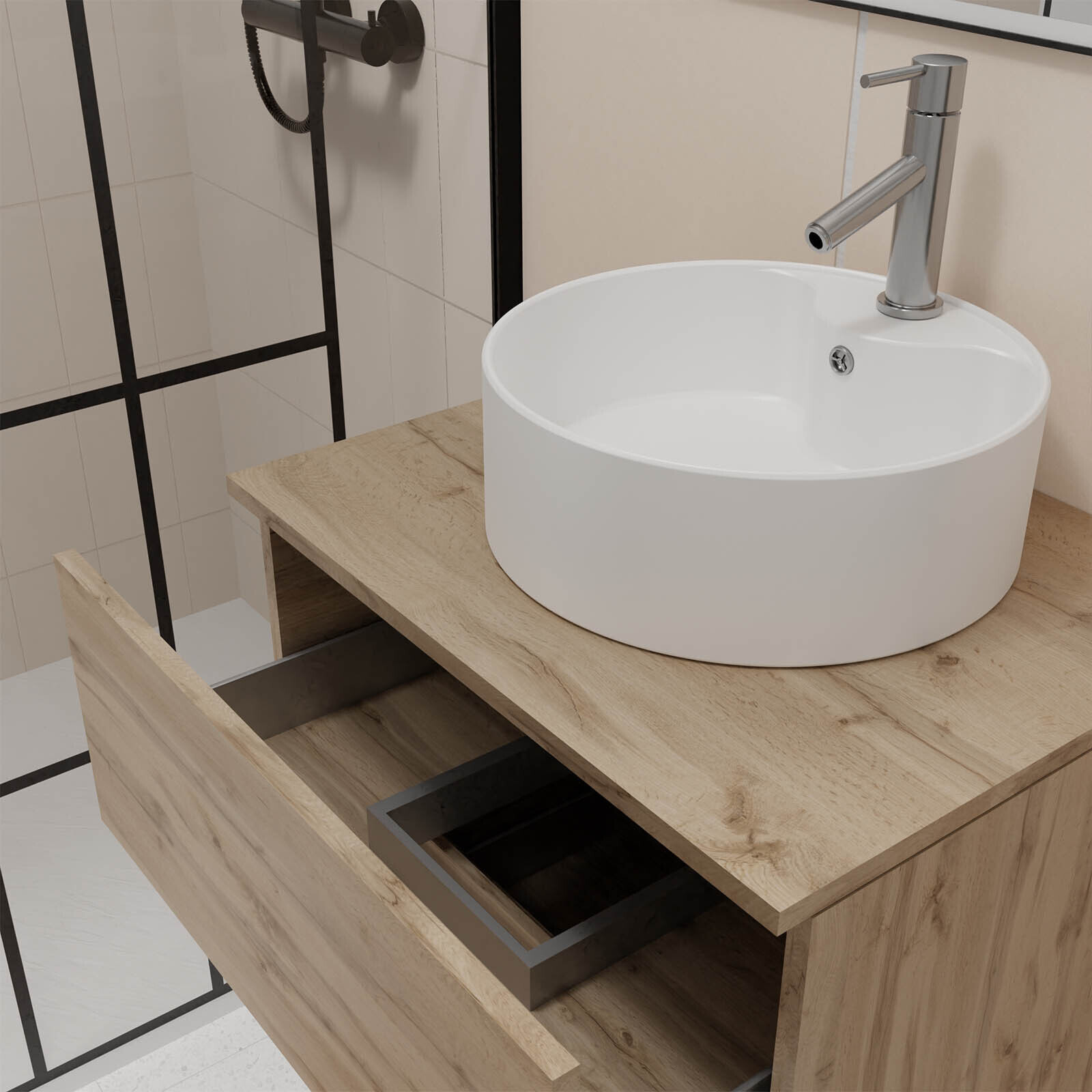 Meuble Salle de Bains 80cm 2 Tiroirs Chêne Naturel + Vasque Ronde Diamètre 41cm en Céramique Blanche