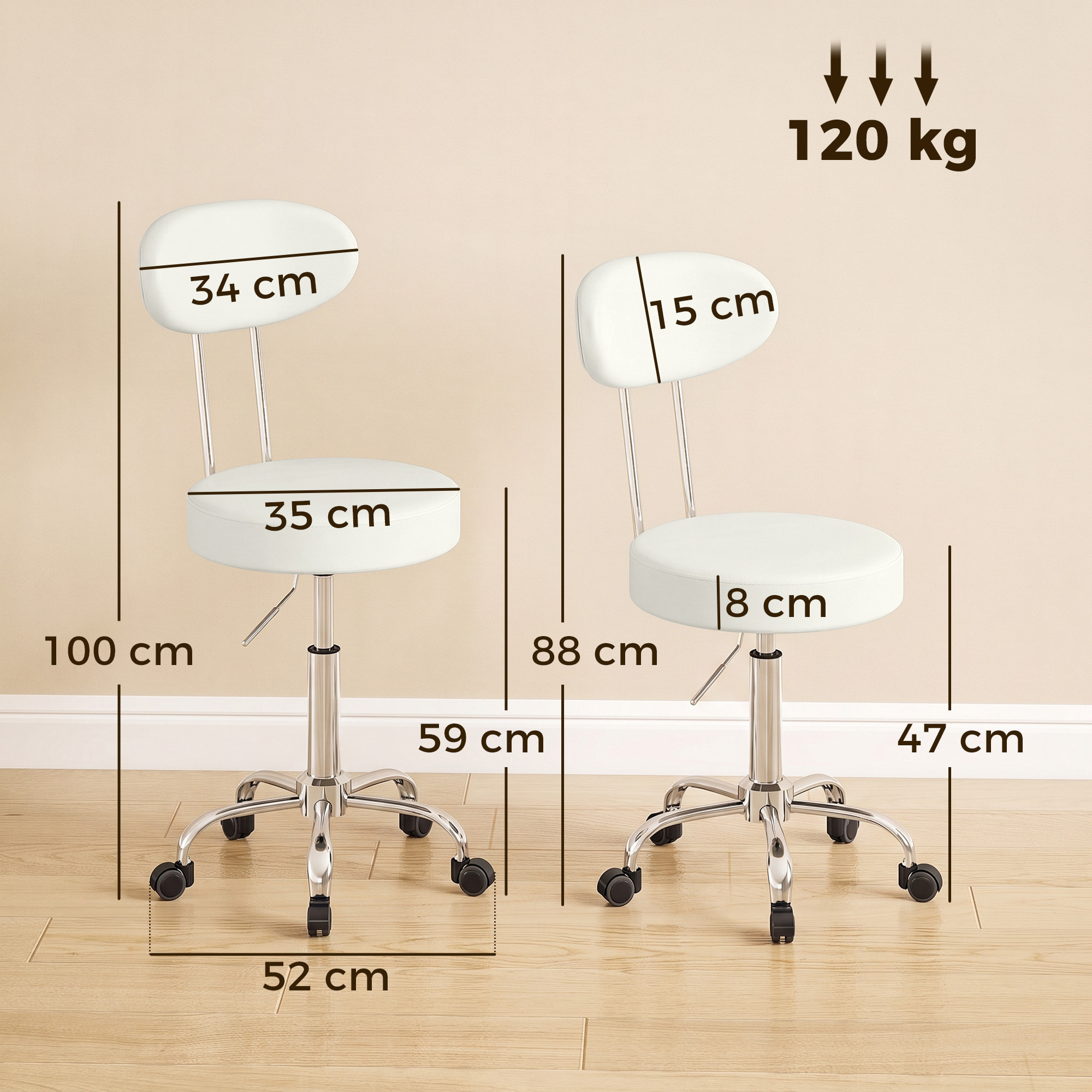 Taburete con Ruedas, Taburete Giratorio con Respaldo, Altura Regulable, Tapizado en Cuero Sintético, Asiento Acolchado, para Spa, Tatuajes, Oficina, Dormitorio, Blanco