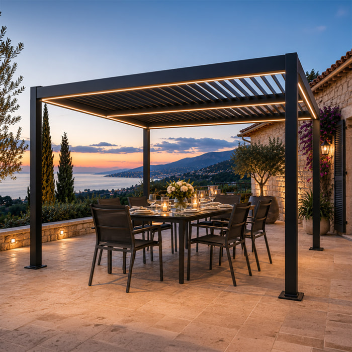 Pergola bioclimatique à LED 3x3m structure aluminium lames orientables MILL