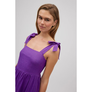 Abito midi in lino con spalline larghe viola