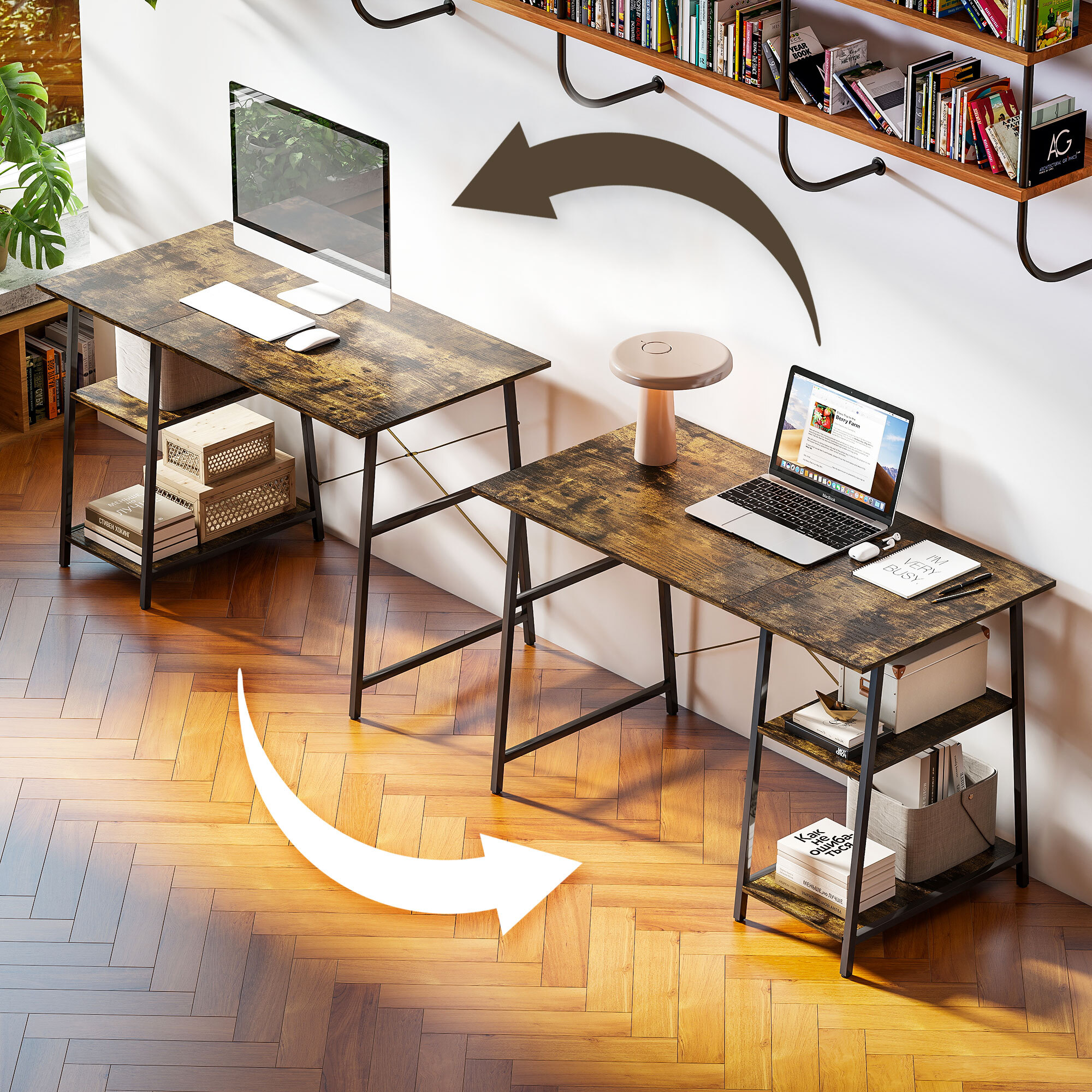 Bureau style industriel 2 étagères dim. 120 x 60 cm châssis métal noir effet bois vieilli