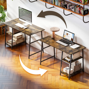 Bureau style industriel 2 étagères dim. 120 x 60 cm châssis métal noir effet bois vieilli