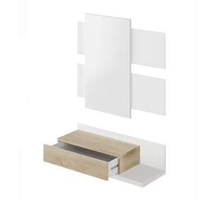 Mobile da ingresso Erie, Entratina sospesa con specchio, Mobile con cassetto per entrata, cm 75x29h90, Bianco lucido e Noce