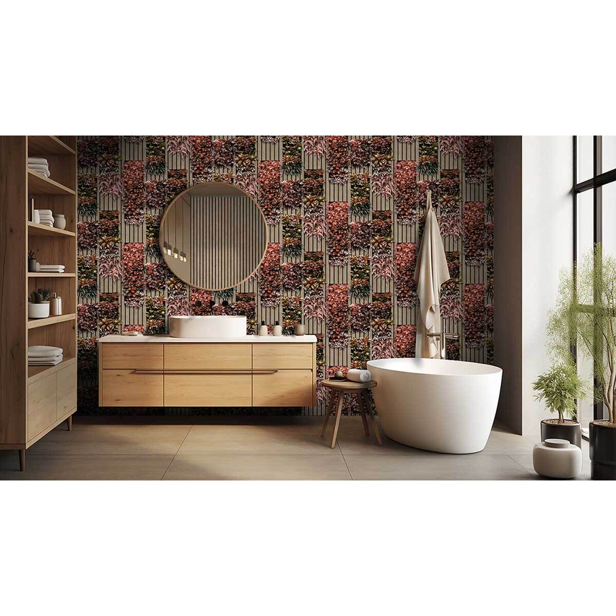 Papier peint végétal mural rouge et bois