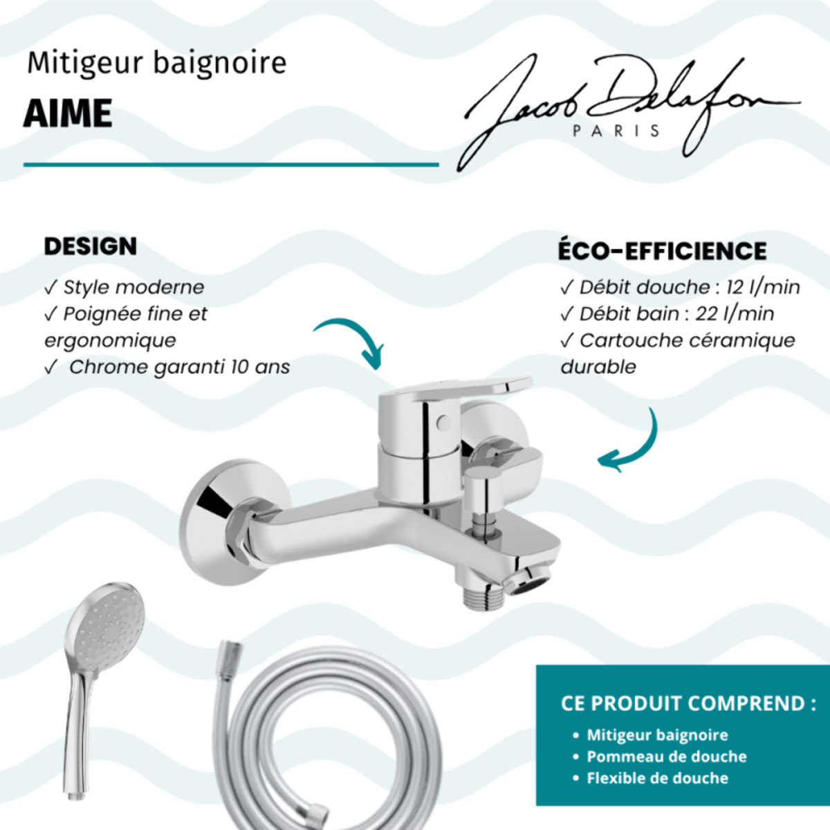 Mitigeur baignoire Aimé + pommeau de douche Awaken + flexible de douche lisse