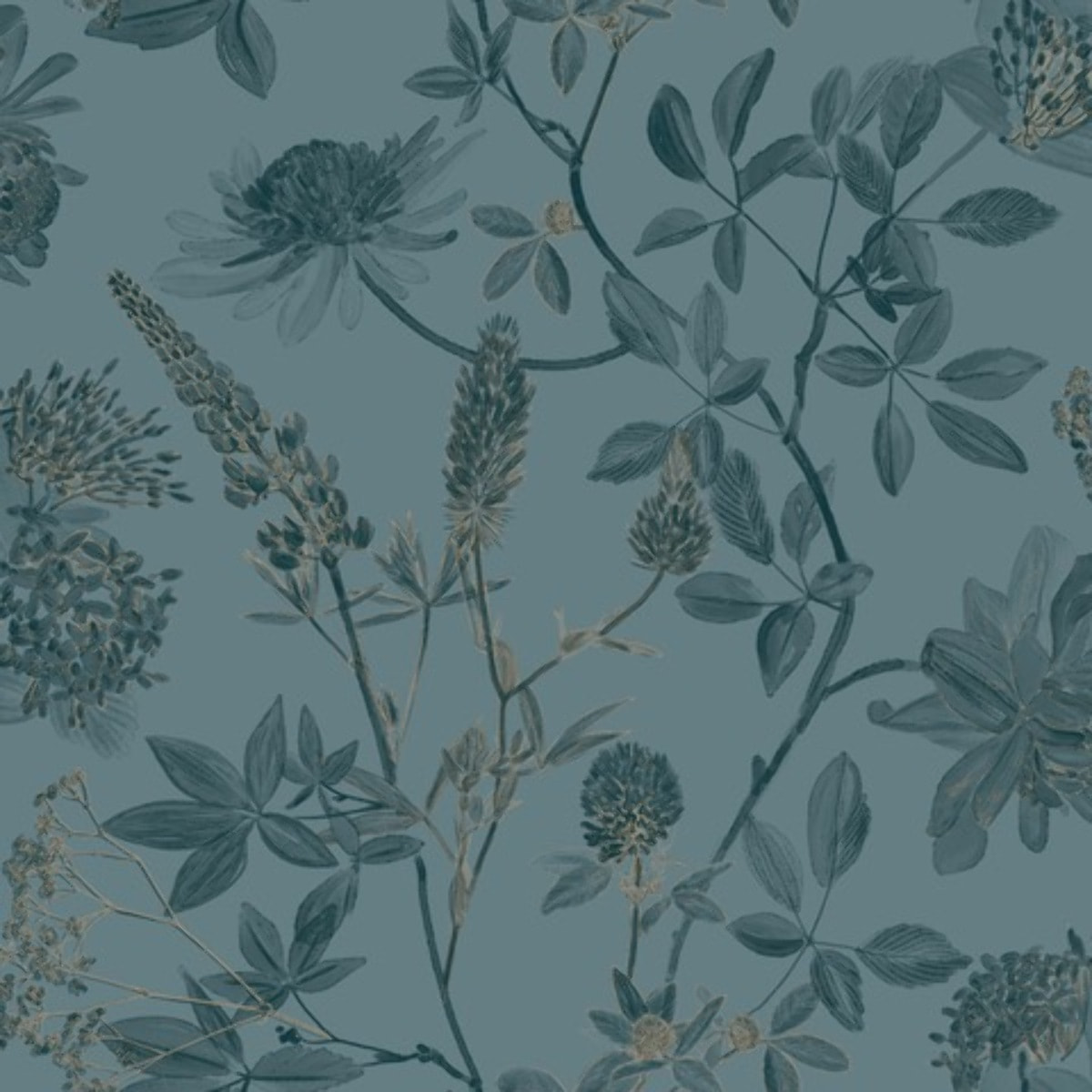 Papier peint floral botanique fond bleu canard