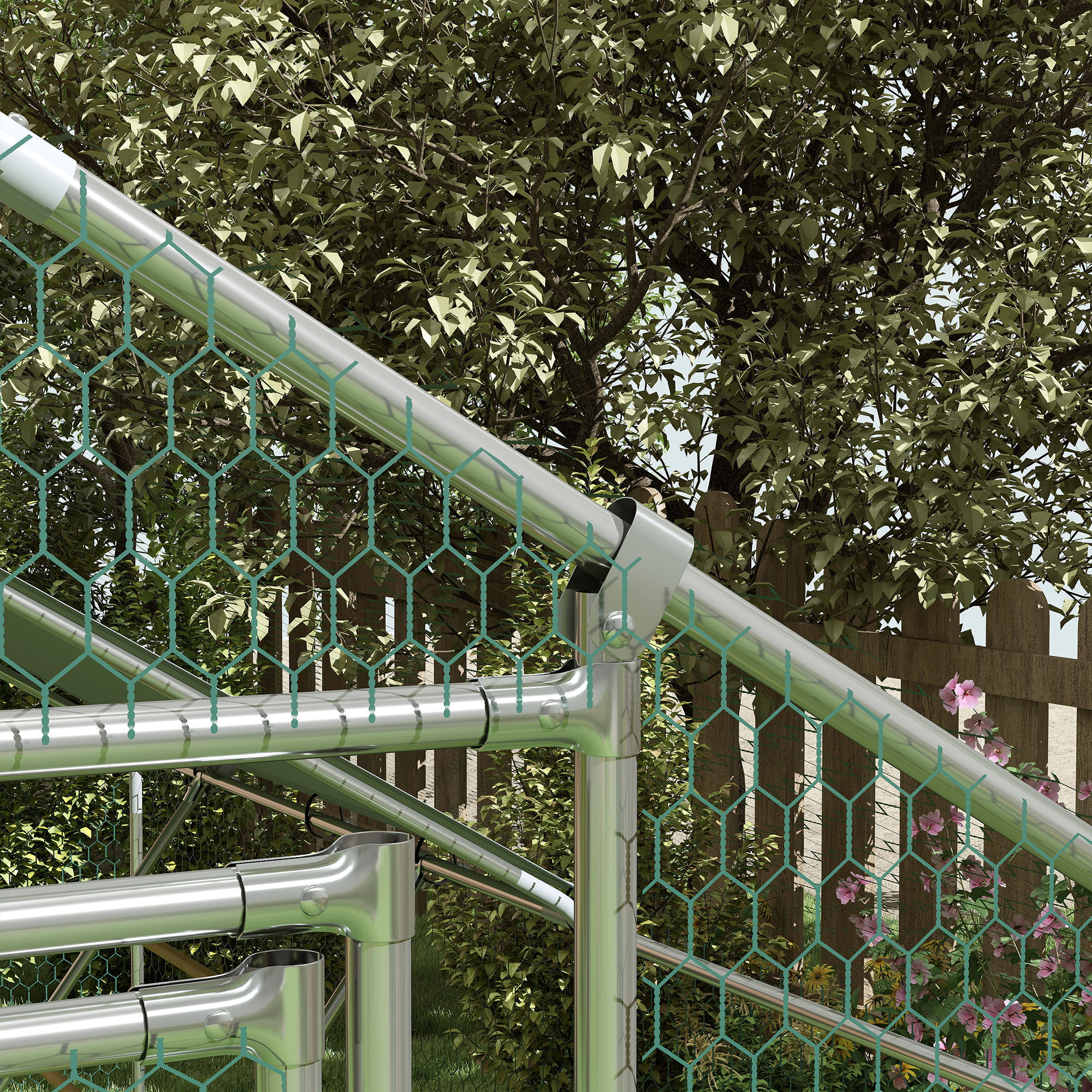 Enclos poulailler 6 m² entièrement couvert - perchoir, mangeoire à suspendre, porte, bâche - 3 x 2 x 1,95 m - acier gris