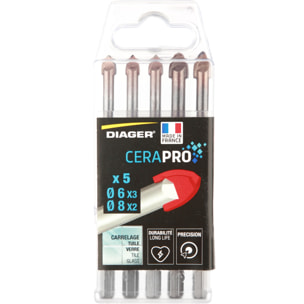 Coffret 5 forets carrelage cerapro attachement 6 pans - 3 forets Ø 6 mm + 2 forets Ø 8 mm - DIAGER - 4130A