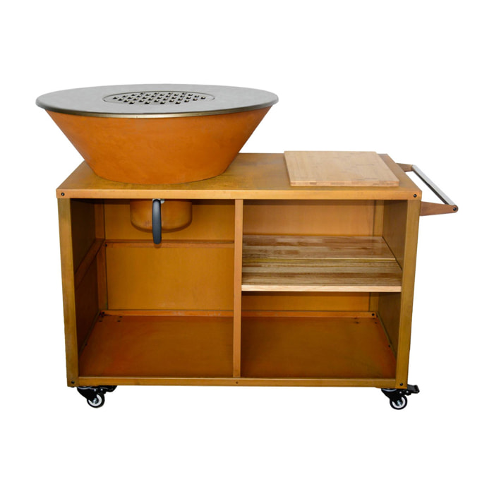 Brasero barbecue Ø80cm. grille de cuisson. stockage bois. coloris corten + housse de protection. L 138 x P 82 x H 114 cm