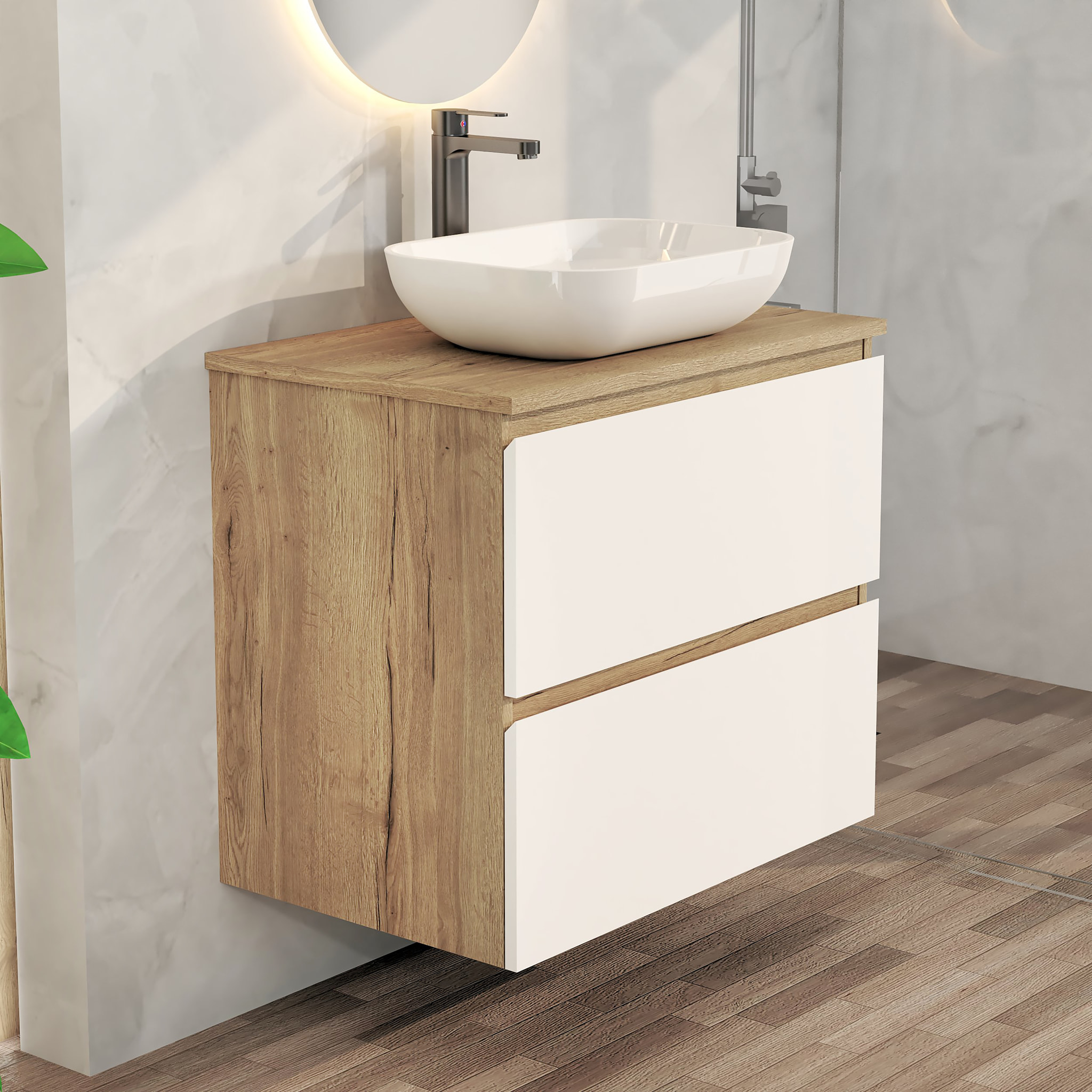 Conjunto de Baño Nia | Mueble Suspendido | 70 cm Blanco | Dos Cajones | Lavabo Sobrepuesto | No incluye Espejo | Mueble Montado| Alday