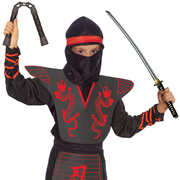 Costume Carnevale Ninja Fighter Con Kit Armi Nero Rosso Bambino