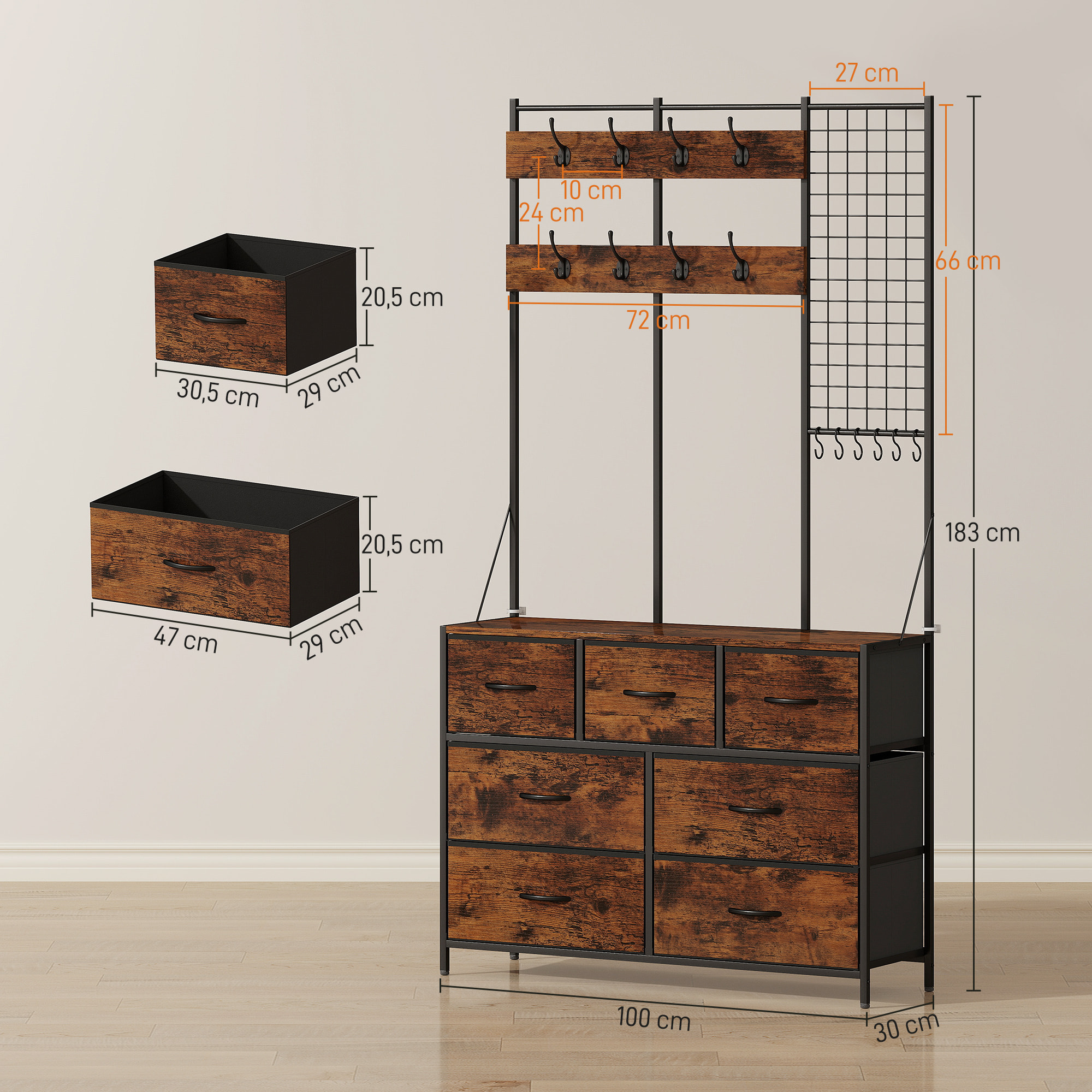 Meuble d'entrée 4 en 1 style industriel multi-rangement métal noir effet bois vieilli
