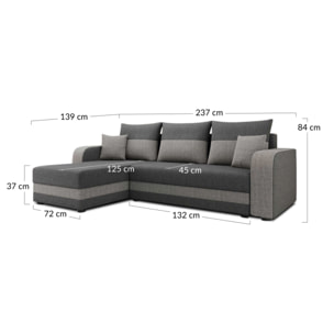 Harvey - Canapé d'angle réversible 4 places convertible avec coffre en tissu bicolore - Noir / Gris