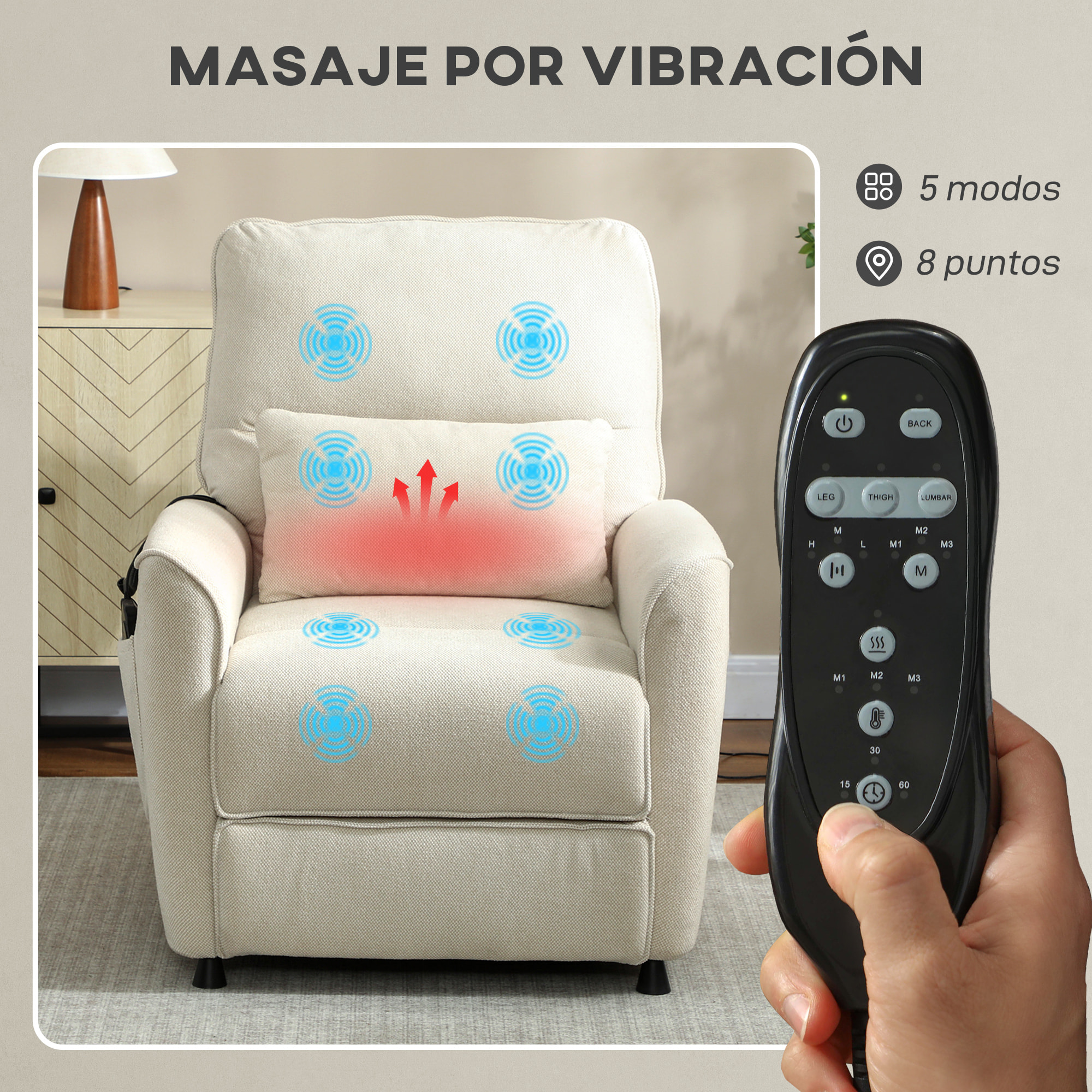 Sillón Relax Reclinable Eléctrico, con Calor Lumbar y Masaje Vibración, Sillón Masaje Relax, Motor Silencioso, Función de Memoria, Bolsillos Laterales, Almohada, Control Remoto con USB, Crema